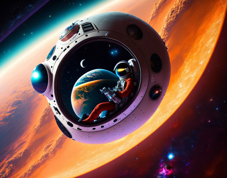 Astronaut in colorful spacesuit gazes at planets and stars from spacecraft window
