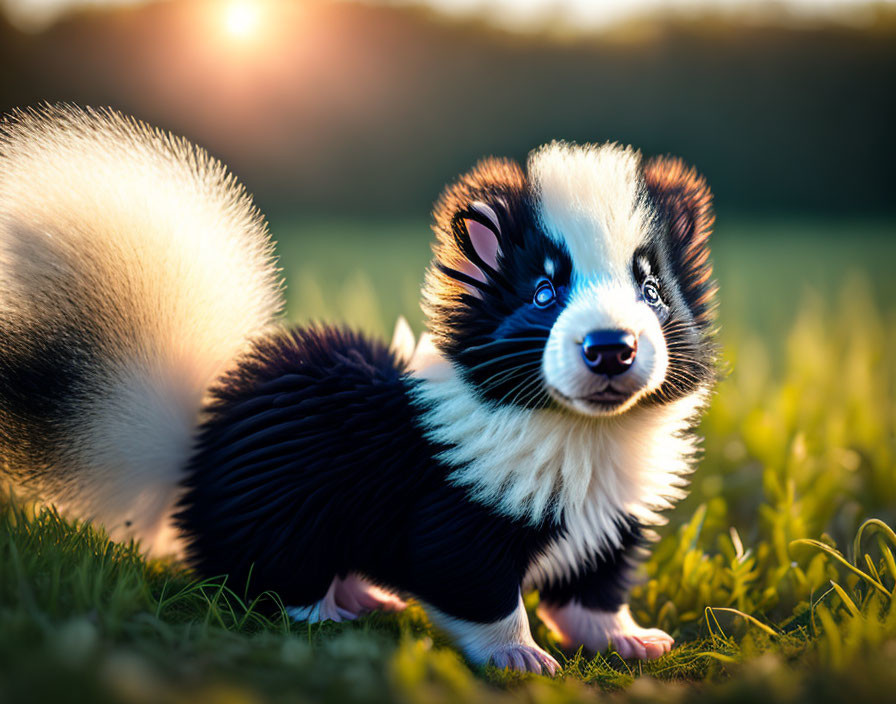 Skunk in sunny field with glowing light and green grass