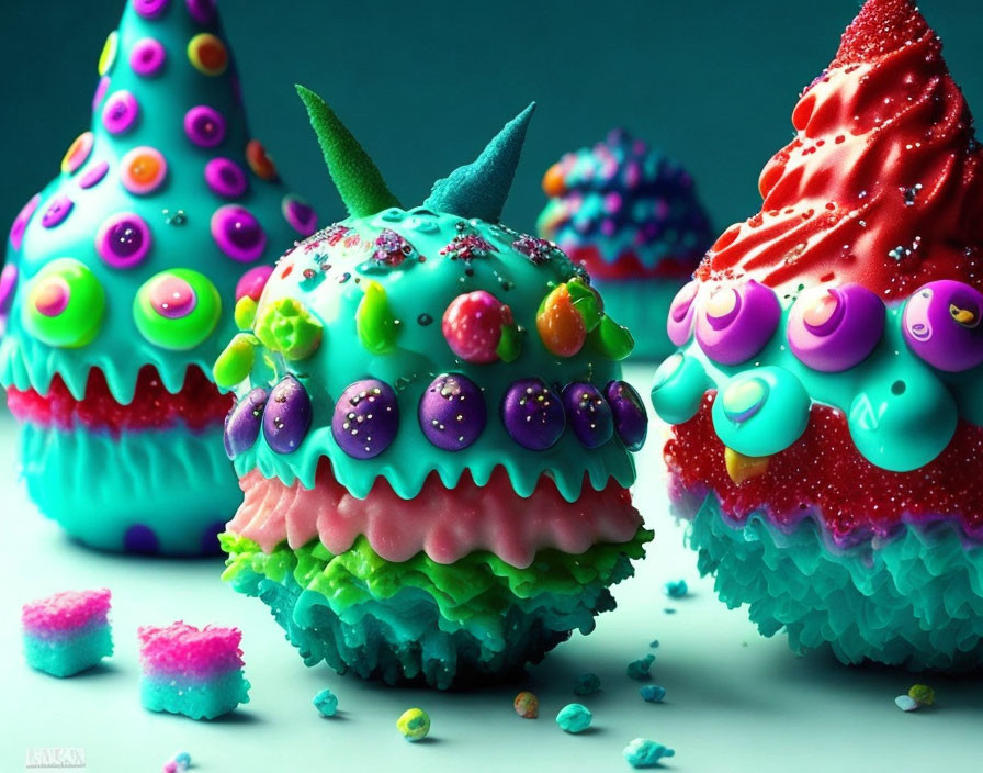 Vibrant Fantasy Cupcakes with Textures and Decorations on Teal Background