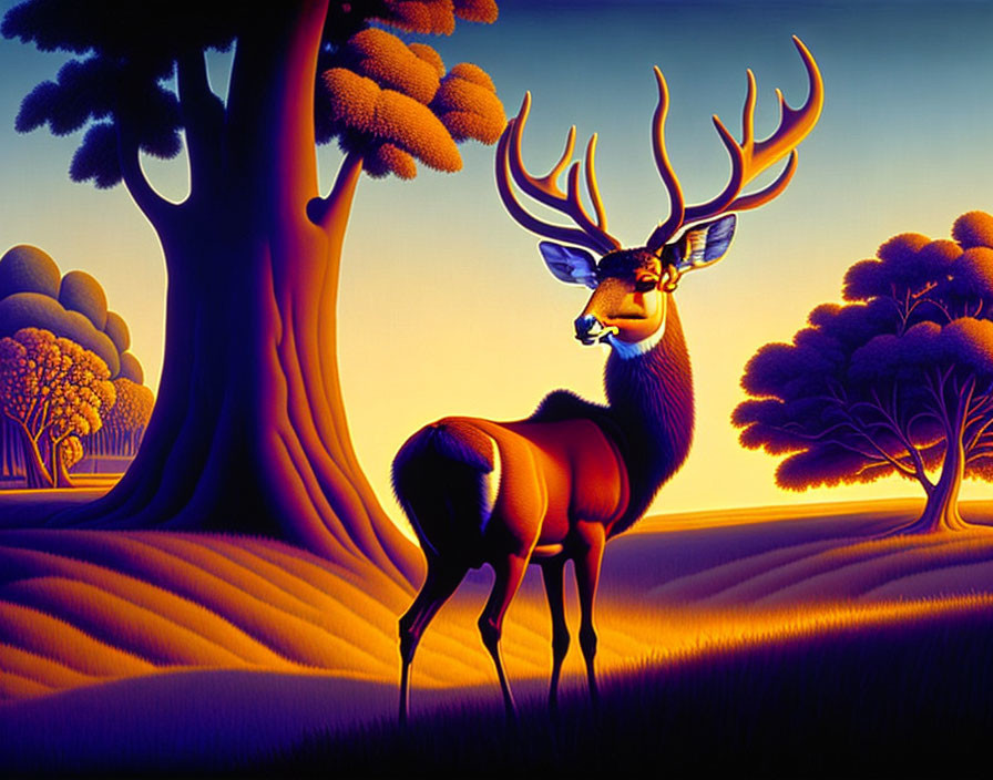 Majestic stag in vibrant forest with blue and orange hues
