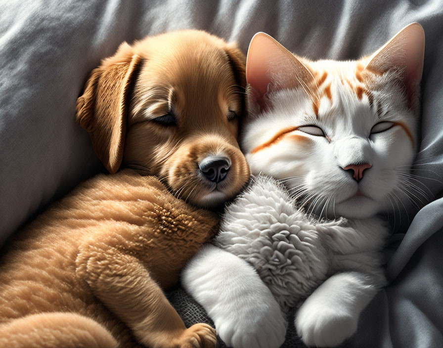 Brown Puppy and White-Ginger Cat Snuggle on Grey Blanket