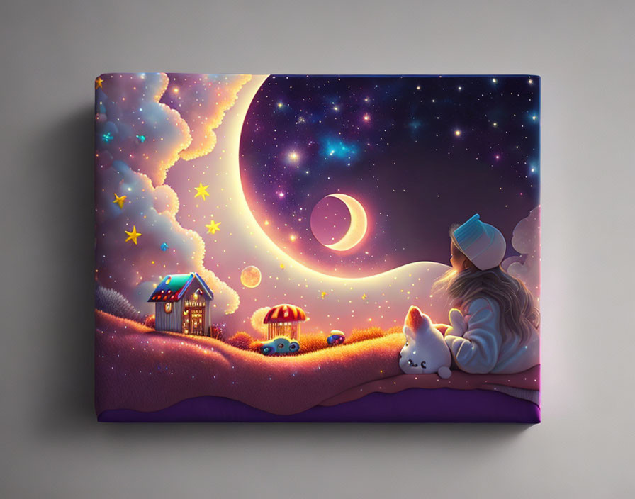 Child and Cat Admiring Starry Night Sky Canvas Art