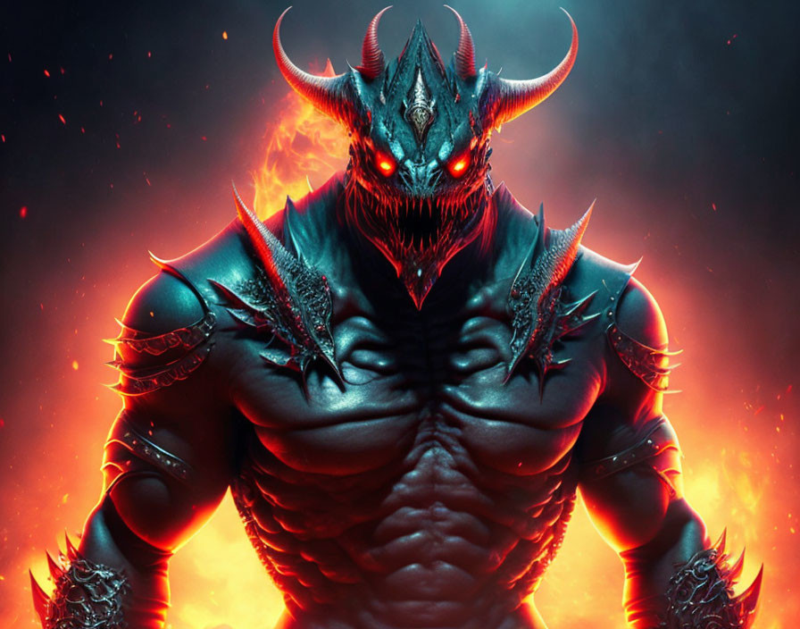 Fantasy demon with red eyes, horned helmet, and fiery backdrop.