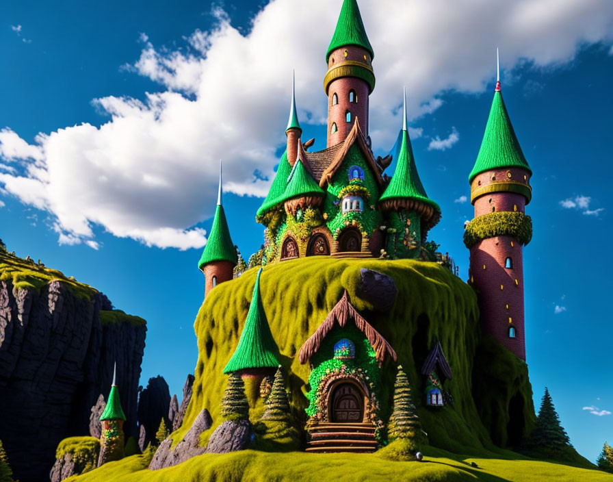 Whimsical castle with green rooftops on lush hill under blue sky