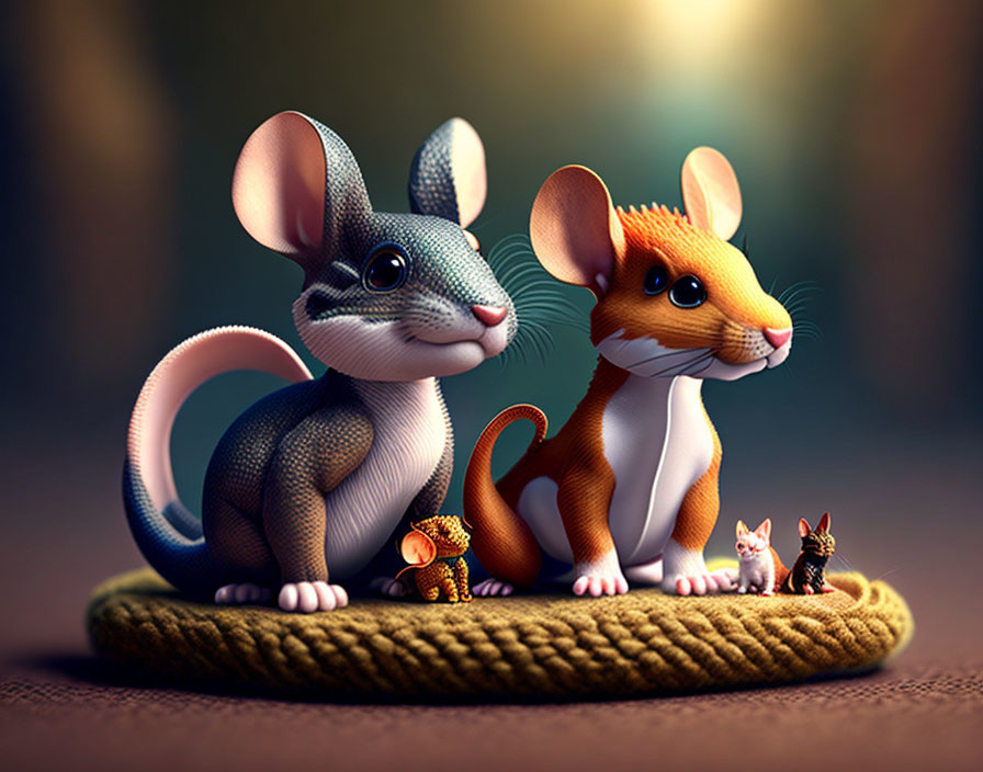 Stylized anthropomorphic mouse figurines on coiled rope with accessories