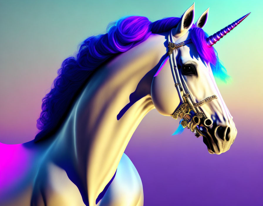 Majestic unicorn with shimmering horn and braided purple mane on multicolored background