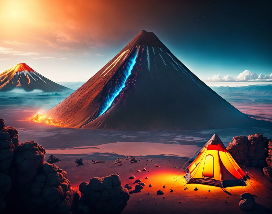 Illuminated tent on surreal landscape with volcanic activity and vivid sunset sky