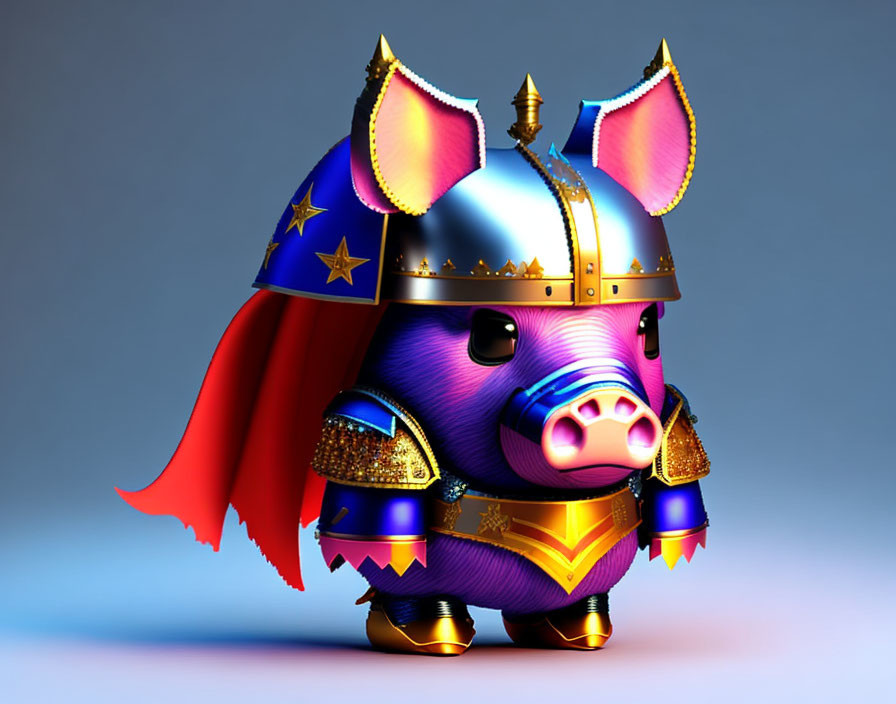 Vibrant pig in medieval knight's armor on blue background