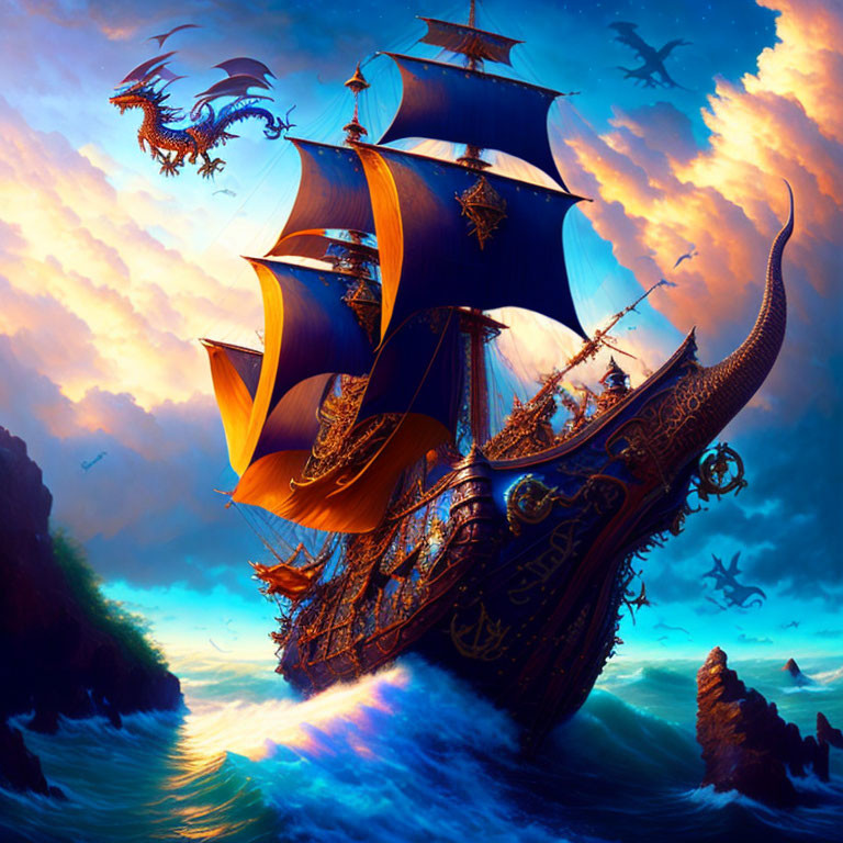 Ornate sail ship with dragons on turbulent seas