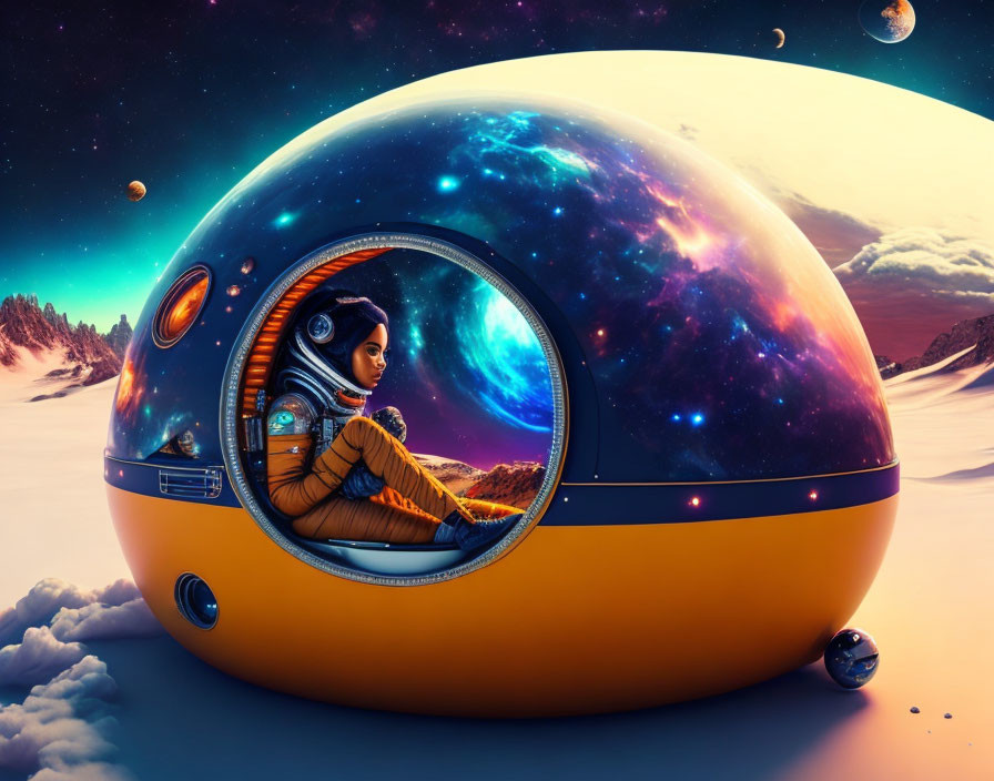 Astronaut in spherical space vehicle views surreal cosmic landscape