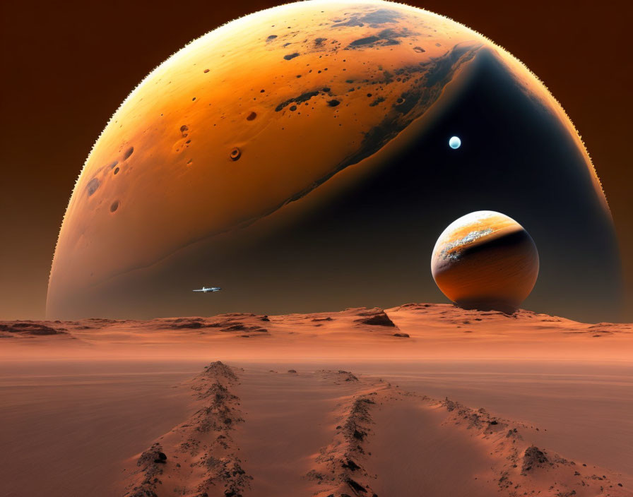 Desolate landscape with large planet, moon, and spacecraft