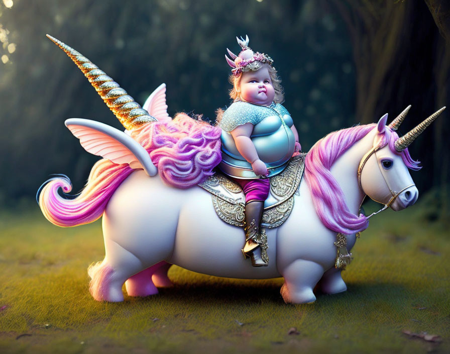 Chubby Baby in Knight Armor Riding Unicorn in Mystical Forest
