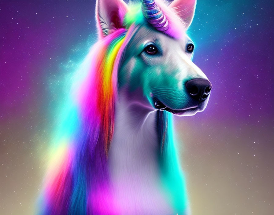 Colorful Digital Artwork: Dog with Unicorn Horn and Rainbow Mane