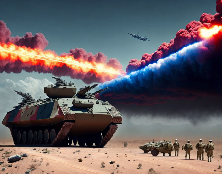 Futuristic military scene with tanks, soldiers, and colorful aircraft smoke trails