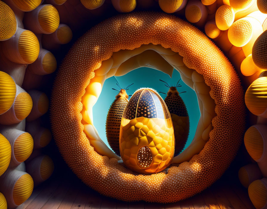 Fantastical image of ornate bee-themed egg in beehive with glowing honeycombs