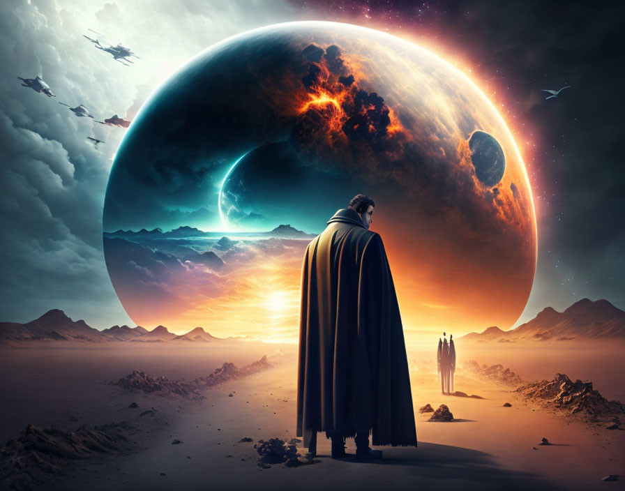 Mysterious figure in cloak gazes at giant planet and moon in desert landscape