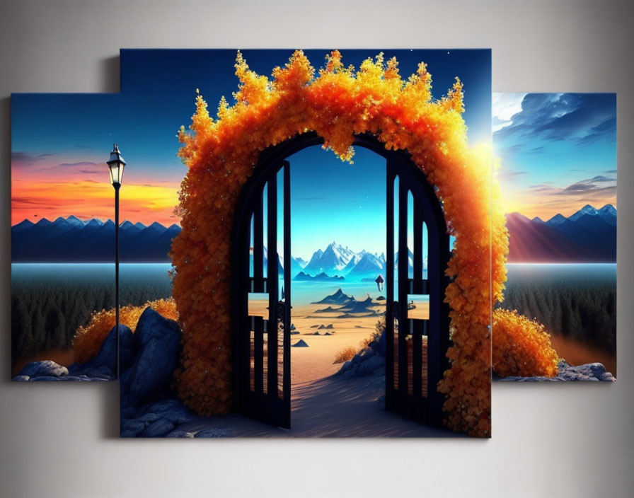 Digital artwork featuring open gate with orange leaves, serene landscape with mountains, beach, and sunset