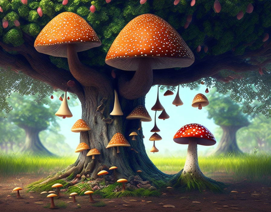 Whimsical fantasy forest with oversized mushrooms and hanging bell-shaped plants