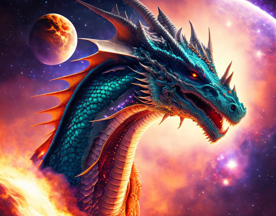 Blue Dragon with Red Eyes in Cosmic Nebulae Environment