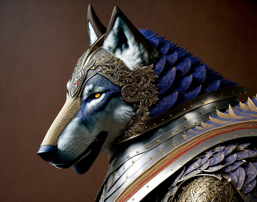 Wolf's Head in Medieval Armor with Blue Feathered Mantle
