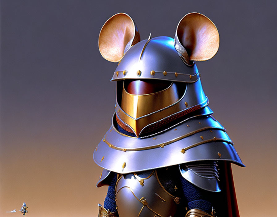 Digital artwork: Mouse in knight armor on brown gradient background