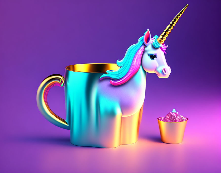 Colorful Unicorn-Themed Mug with Golden Handle and Bowl on Purple Background
