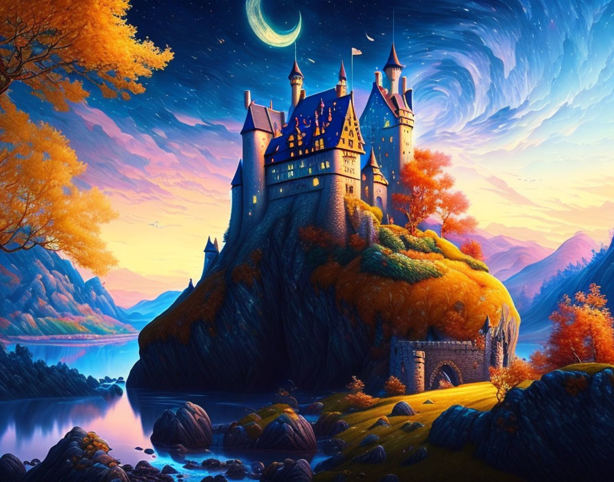 Enchanting castle on autumn hill under starry sky and crescent moon