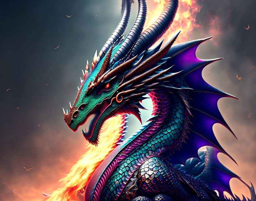 Blue-scaled dragon breathing fire under stormy sky
