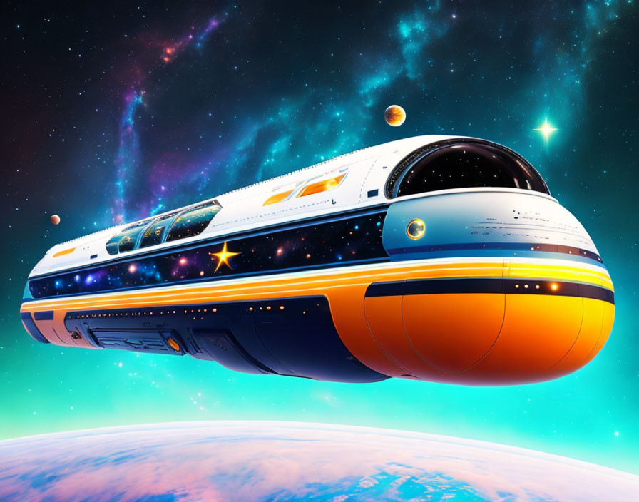 Futuristic spaceship with blue and orange accents in vibrant cosmic space