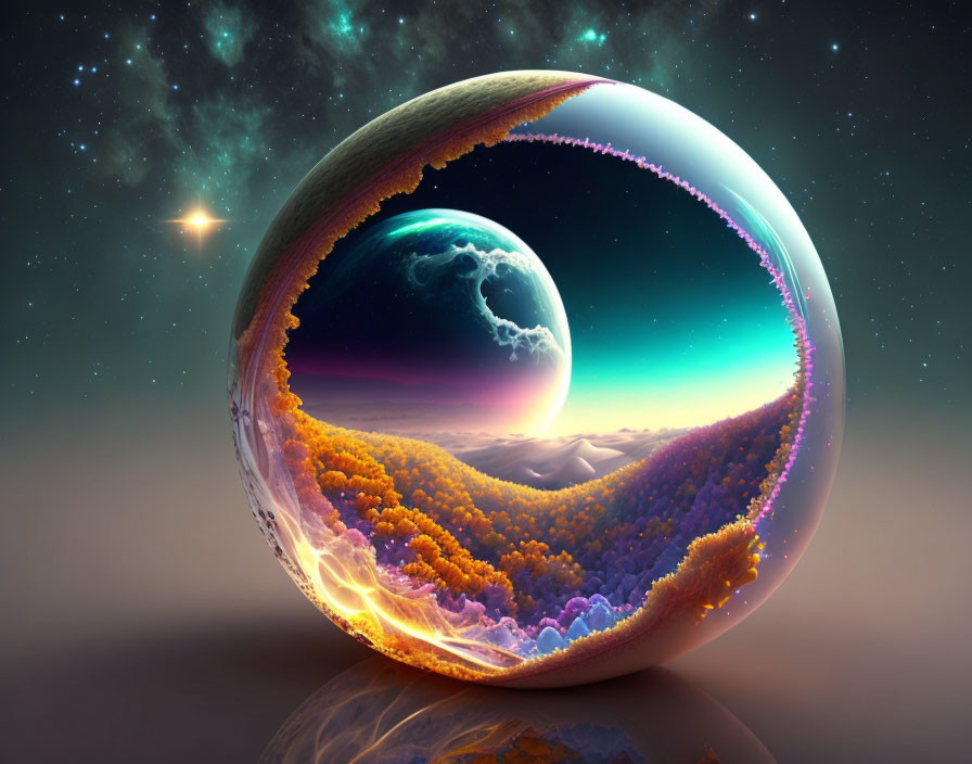 Surreal digital artwork: glossy sphere reflects landscape & celestial bodies.