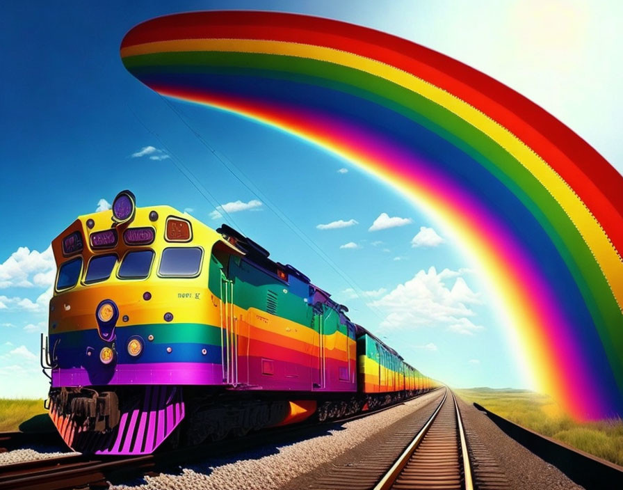 Colorful Train Under Large Rainbow in Blue Sky