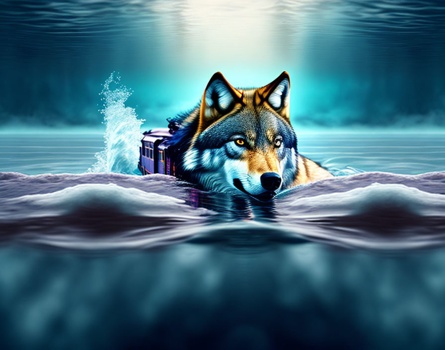 Digital artwork: Wolf head merges with cargo ship on ocean waves