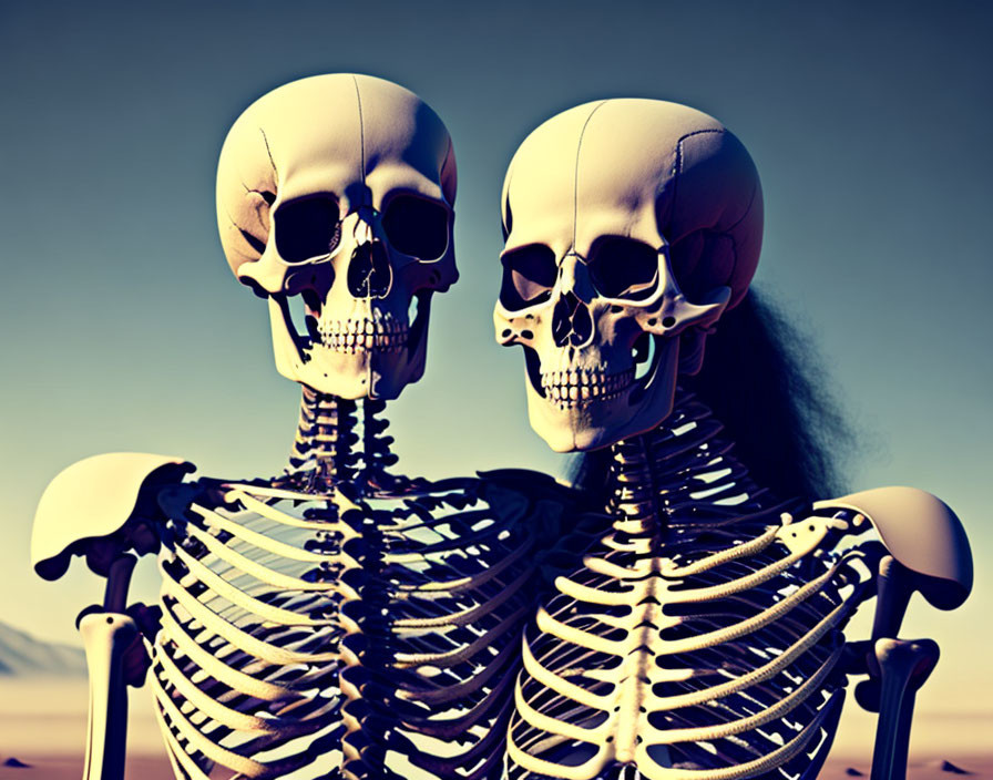 Human skeleton models side by side with one wearing a ponytail in desert setting