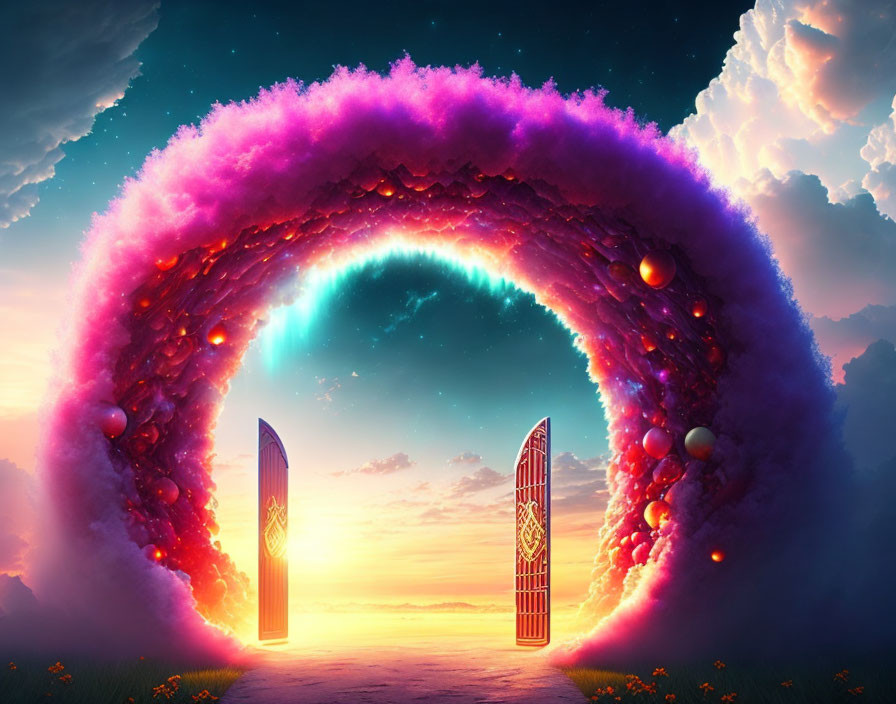 Surreal artwork of glowing purple portal in dreamy sky