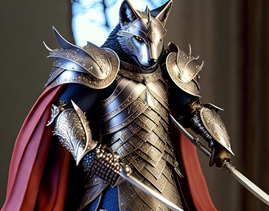 Detailed anthropomorphic wolf in ornate medieval armor with sword and red cape.