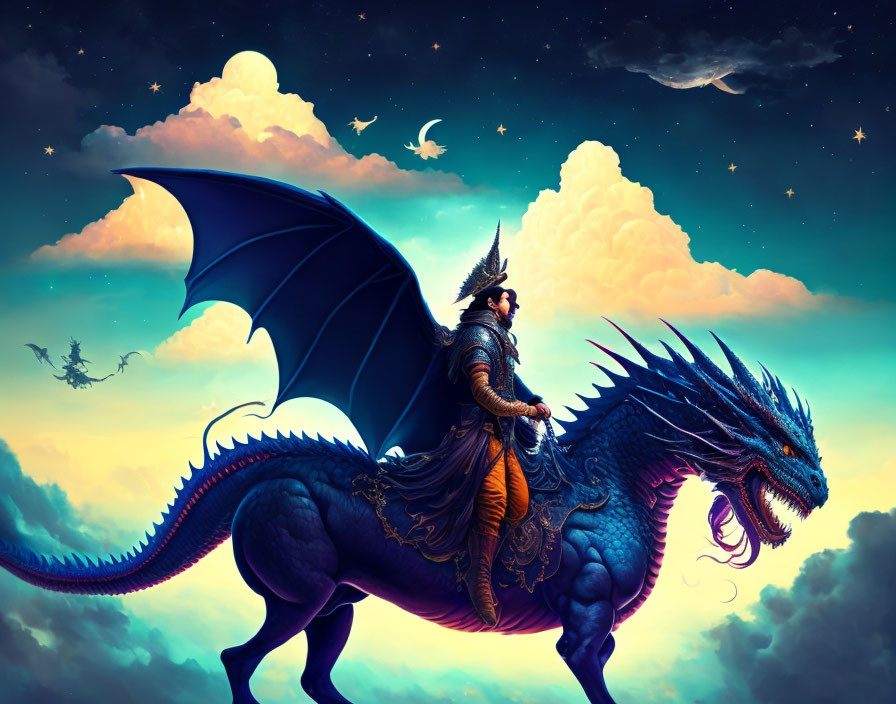 Warrior riding blue dragon in twilight sky with soaring dragons and full moon