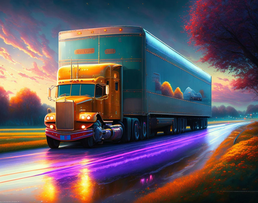 Colorful semi-truck illustration driving at sunset