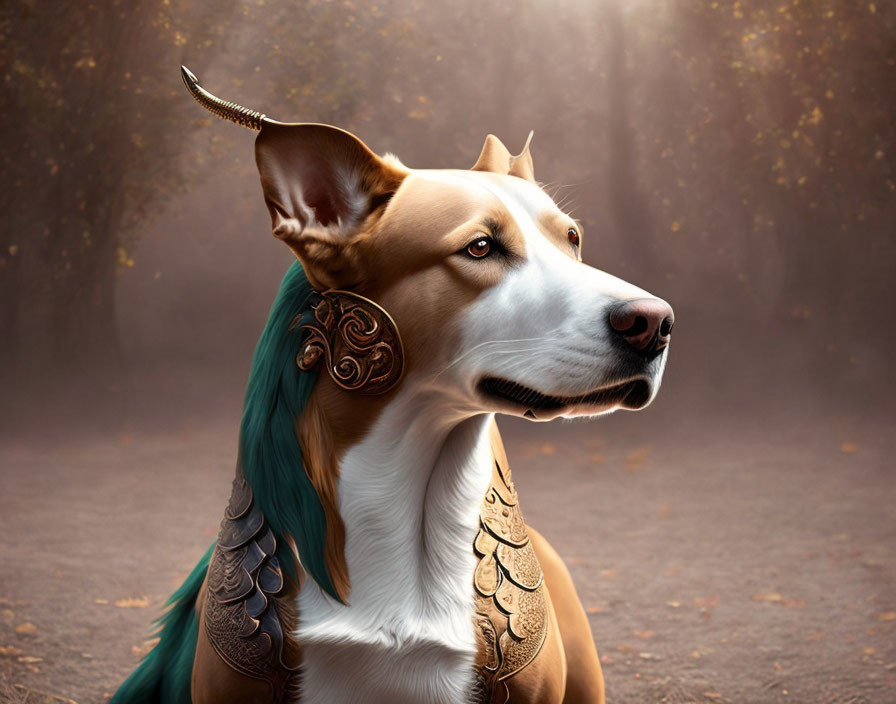 Fantasy-style dog with horn, earpiece, cape in mystical forest
