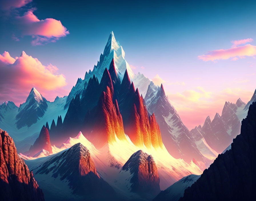 Scenic mountain range with golden-lit peaks under colorful sky