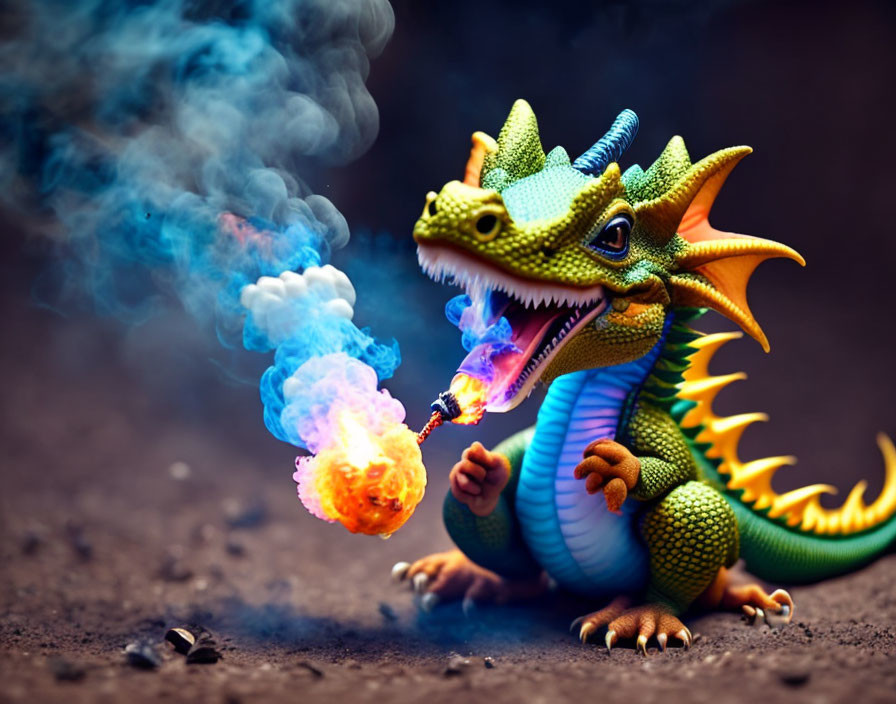 Toy dragon with fire and smoke effects on dark, earthy background