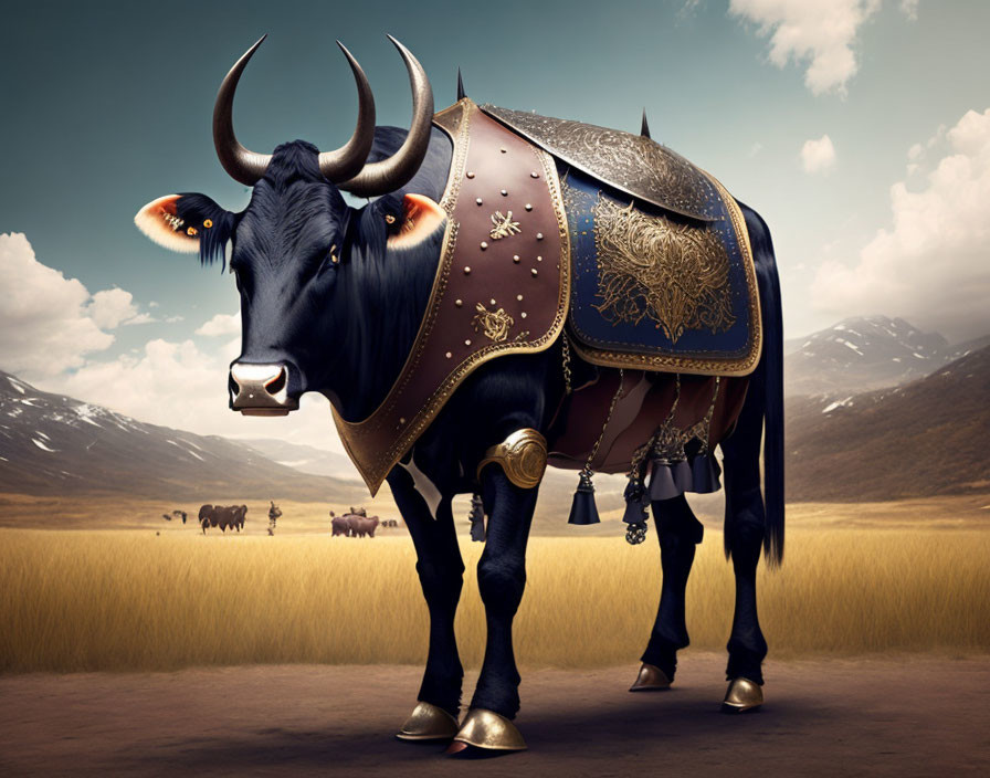 Ornate armored bull with bells in field with herd and mountains