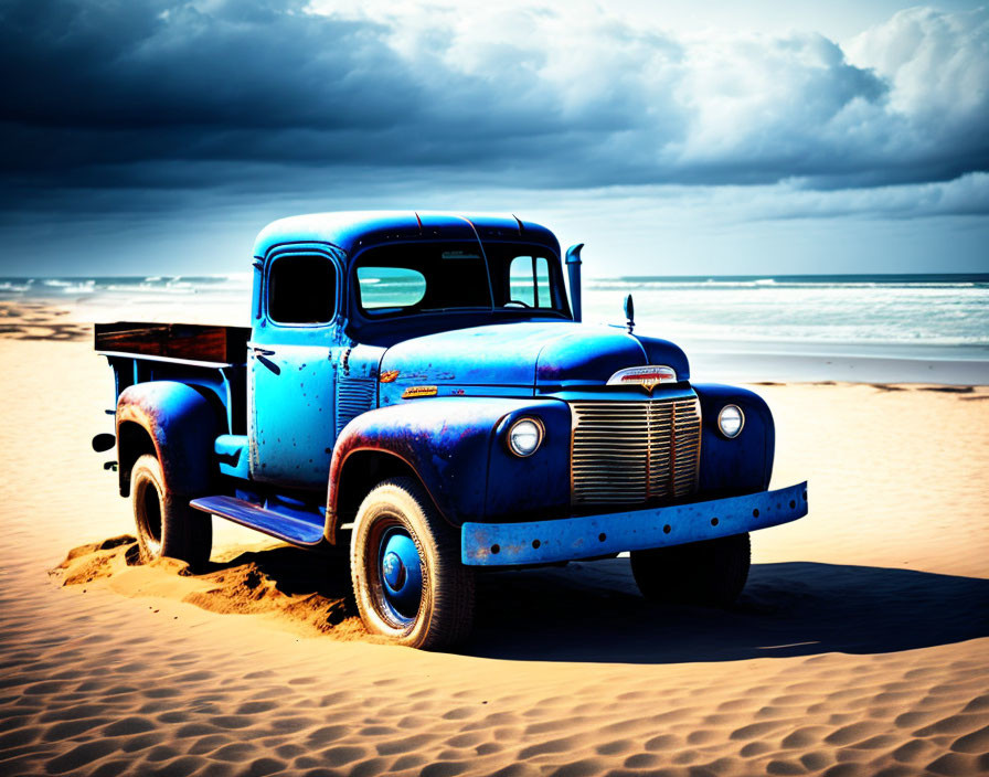 Vintage Blue Pickup Truck on Sandy Beach Under Dramatic Cloudy Sky