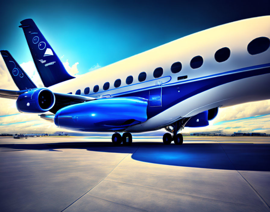 Blue private jet parked on tarmac under vibrant sky