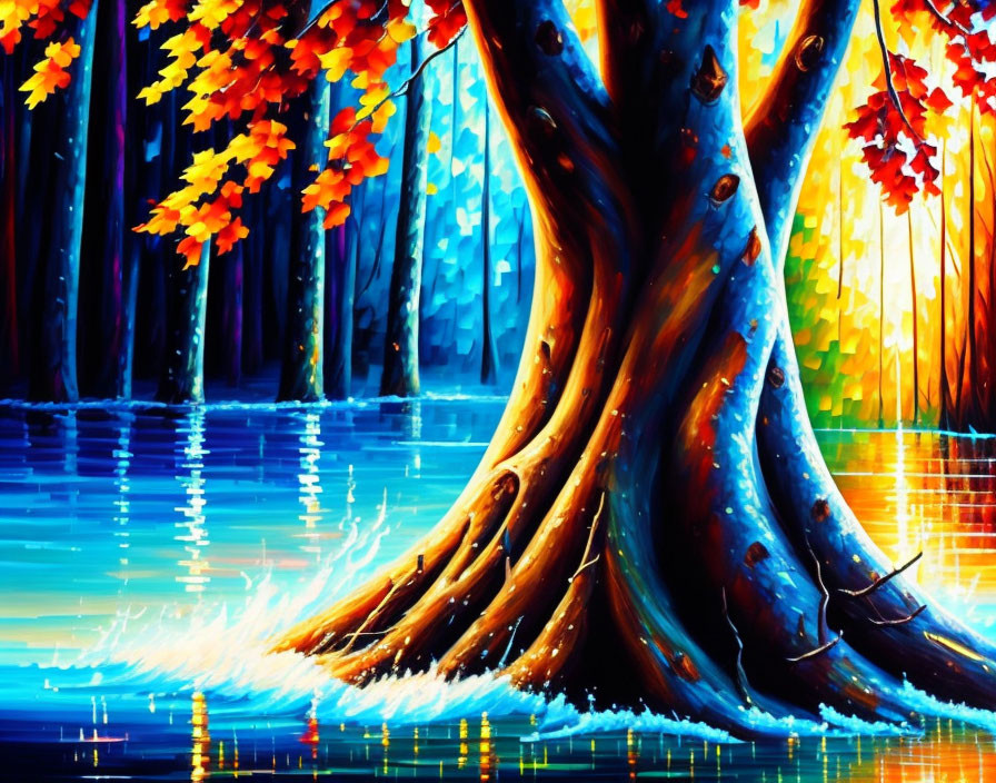 Colorful Impressionistic Painting of Autumn Tree by Reflective Water