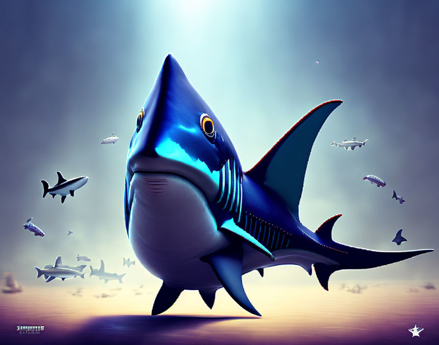 Cartoonish shark with exaggerated features in foreground, realistic sharks in background under dusky sky