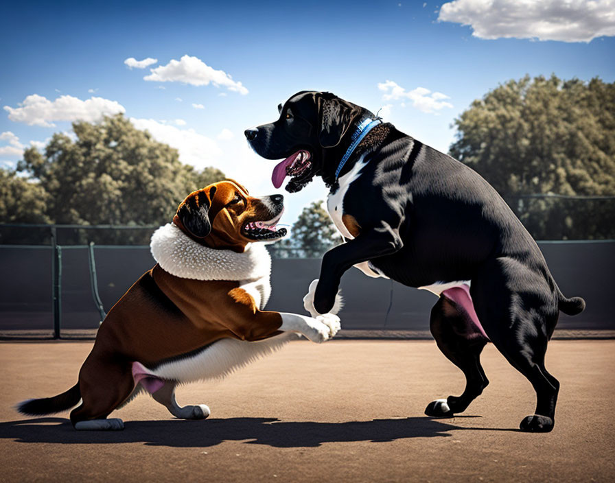 Two Dogs Playing on Tennis Court Under Clear Sky