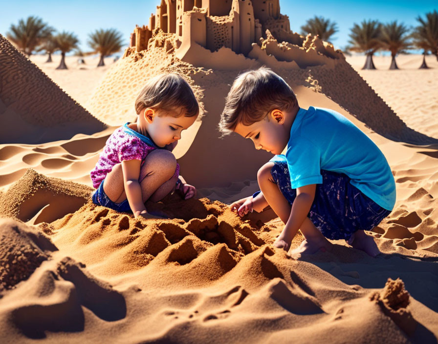 Children building sandcastle in sunny desert.