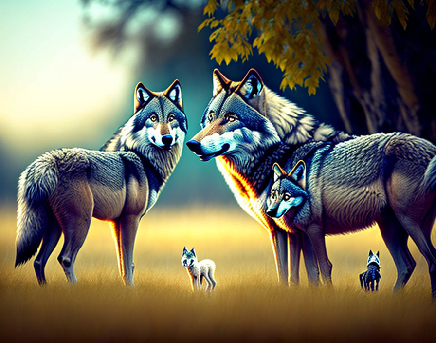 Group of wolves in forest clearing at twilight with warm glow on fur