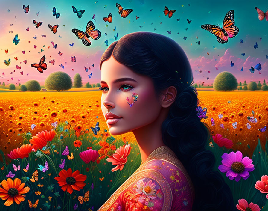 Digital artwork of woman with embellishments gazing amid vibrant field.
