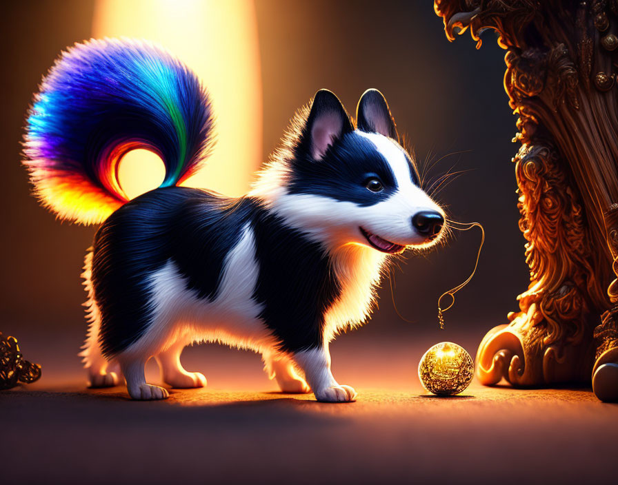 Vibrant illustration of playful corgi with multicolored tail next to golden bauble and